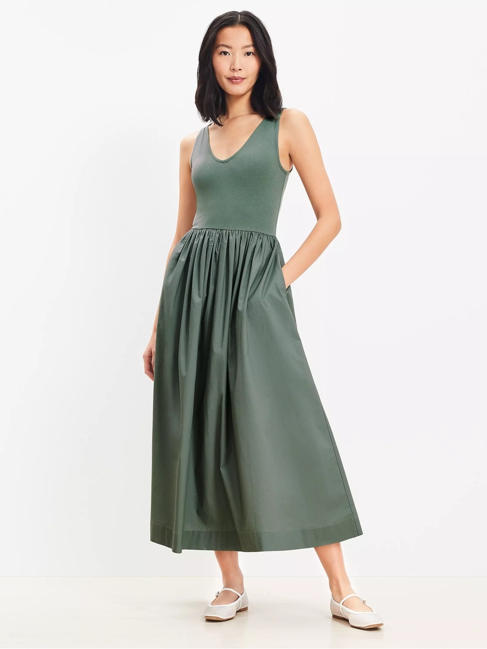 LOFT Mixed Media Midi Pocket Sleeveless Dress